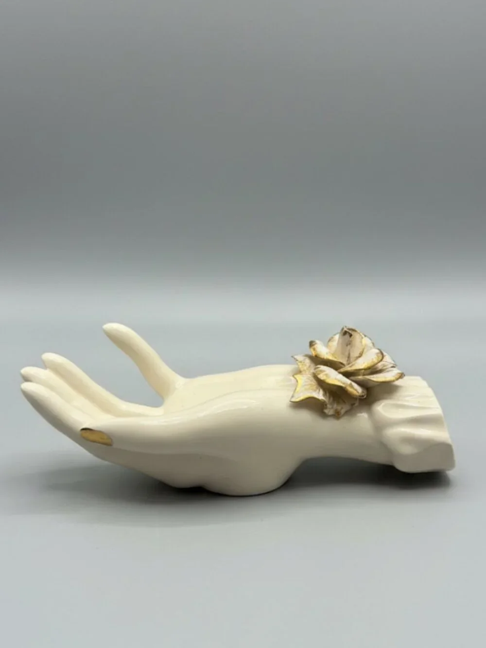 Vintage Mid-Century Porcelain Hand Jewelry Holder Ring Tree Vase Rose Gold Gilt